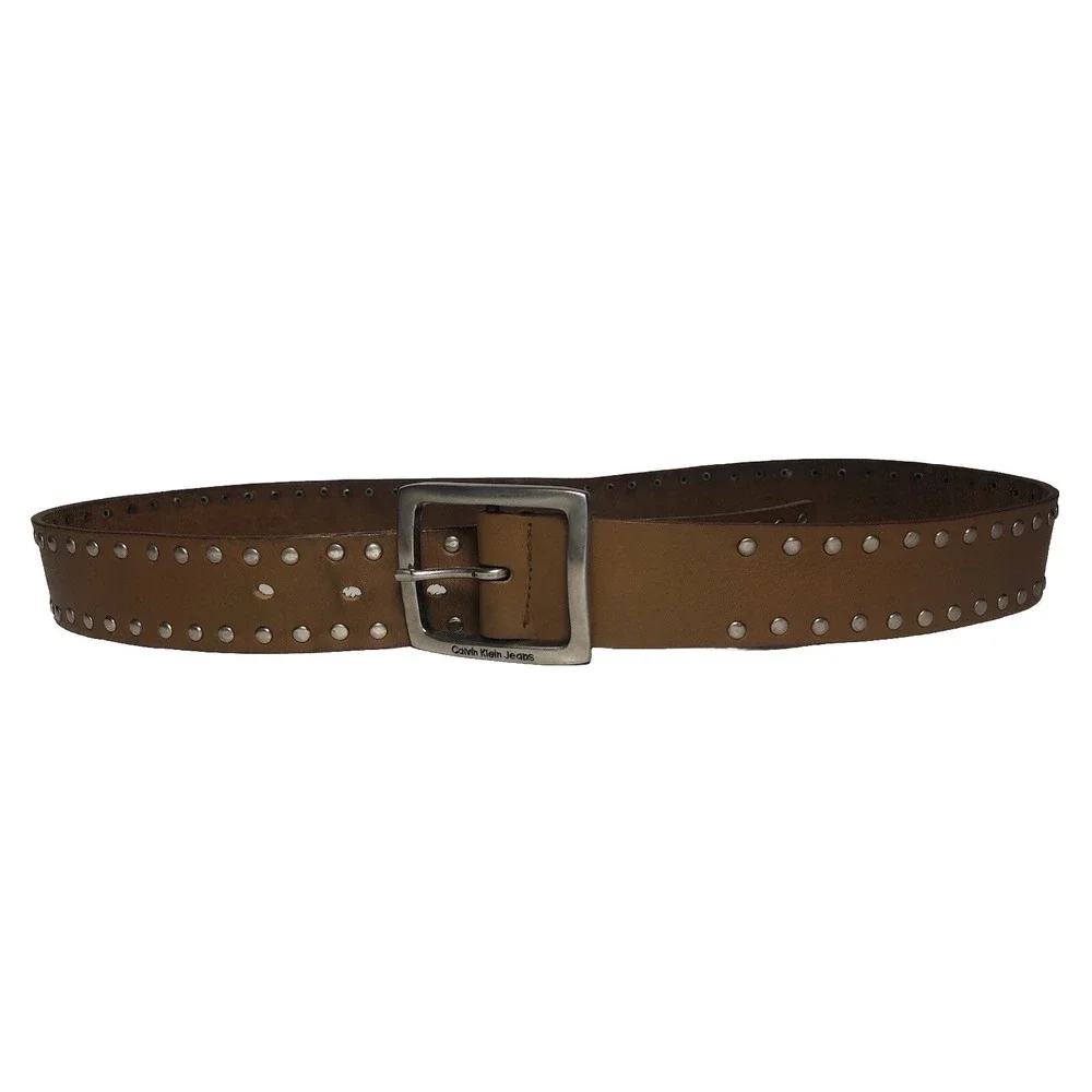 Vtg Y2K Calvin Klein Jeans Studded Brown Leather‎ Belt 33-37